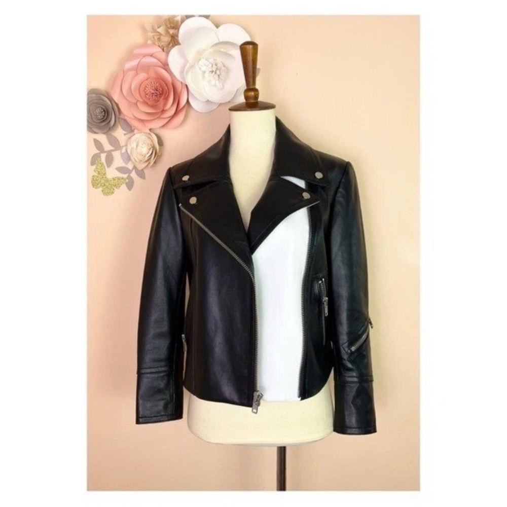 New! YIGAL AZROUEL Paneled Color Block Leather Moto Jacket in Black and White - Picture 10 of 13